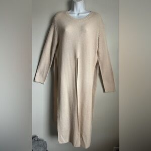 Favlux Women’s Biege Scoop Neck Ribbed Knit Front/Side Slits Sweater Dress Top L